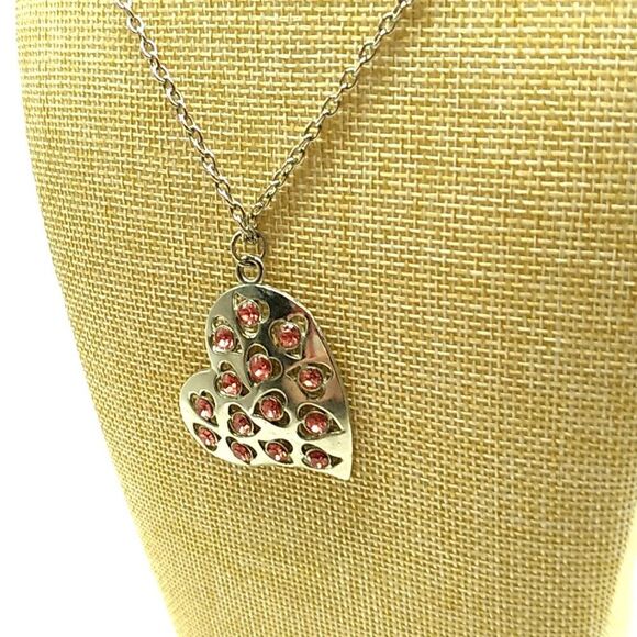 Silver-tone Heart Necklace Red Rhinestones - Picture 10 of 15